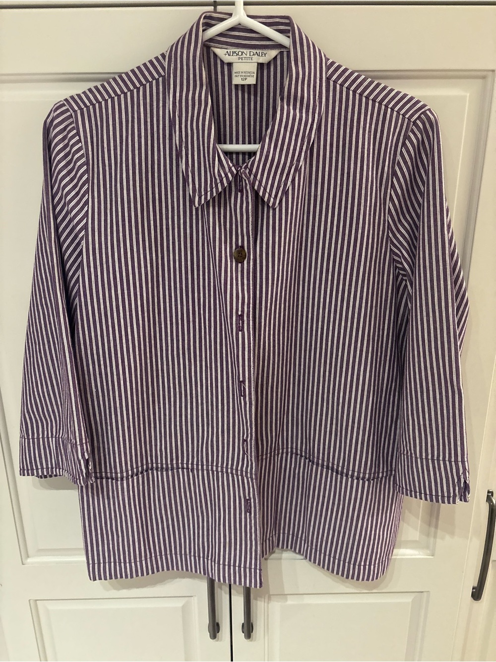 Allison Daley Petite Purple Stripe Button-Front Women's Top 12P